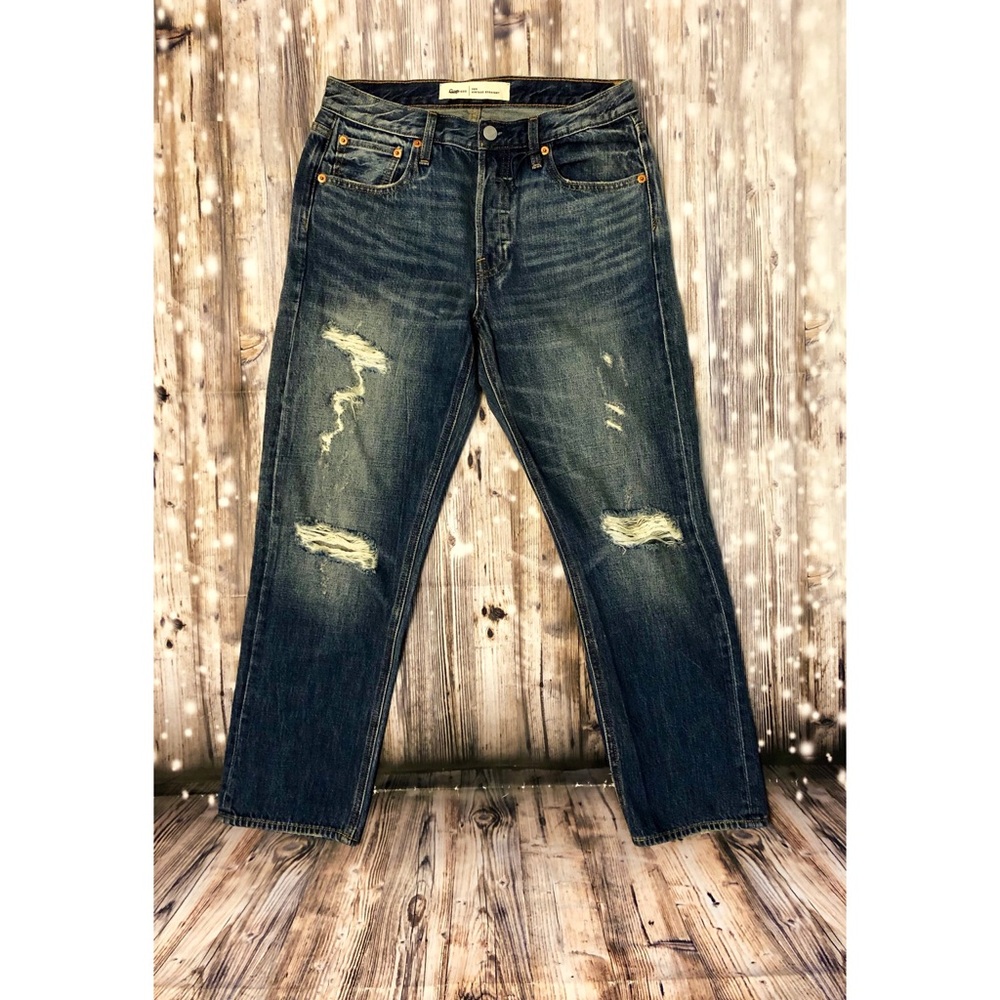 Gap medium wash vintage straight destroyed jeans